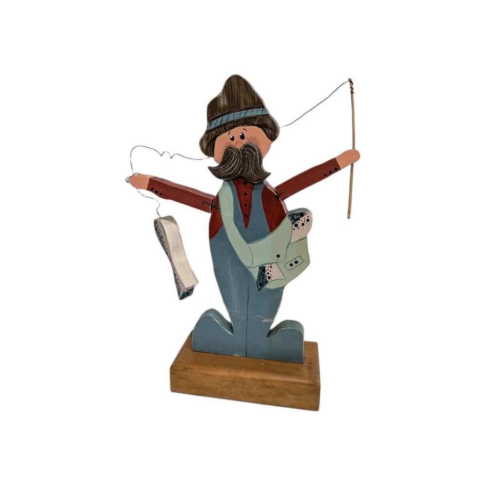 Vintage Folk Art Wooden Fisherman Figurine Hand Painted Rustic Cabin Decor 14"